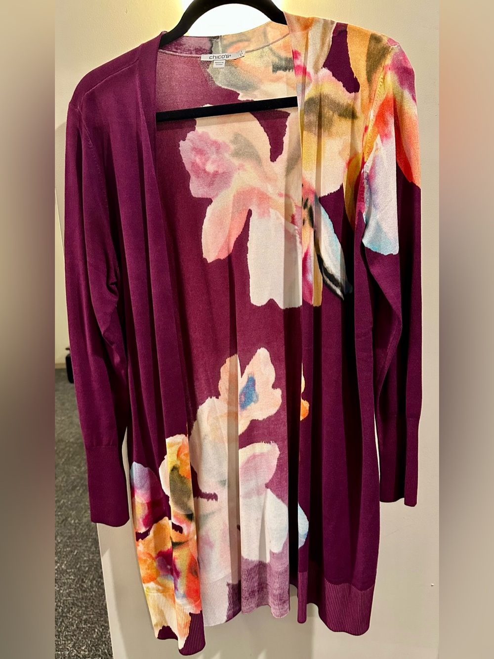 Chico's Plum Floral Open Drape Cardigan